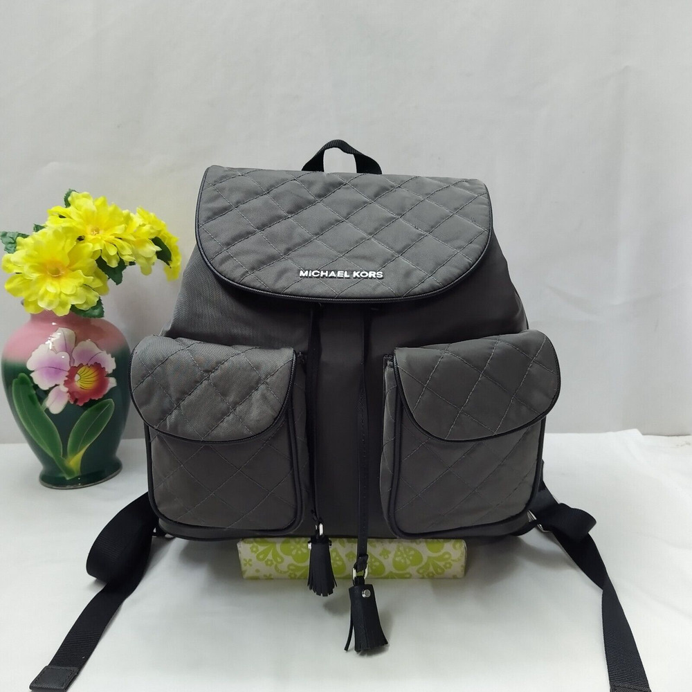Michael Kors Kieran Dark Gray Nylon Quilted Pockets Drawstring Backpack - Picture 1 of 16